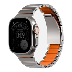 Блочный браслет UNIQ Strova Flex для Apple Watch 44 / 45 / 46 / 49mm сталь, силикон серебристый, оранжевый
